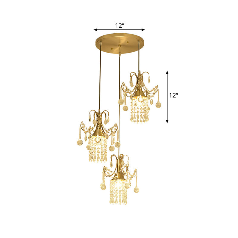 Modernist Crystal Droplet Cylinder Multi Ceiling Light - 3-Light Brass Pendant For Dining Room