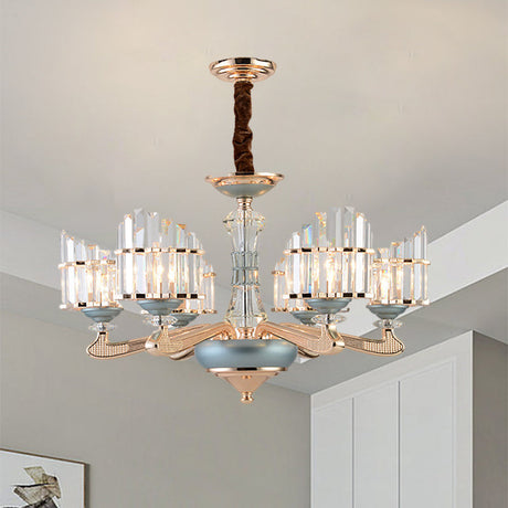 Contemporary Crystal Block Chandelier With Blue Ceramic Accents - 6 Bulbs Gold Finish
