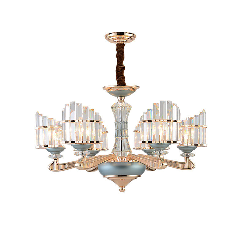 Contemporary Crystal Block Arced Panel Chandelier With 6 Bulbs Gold Pendulum Light And Blue Ceramic