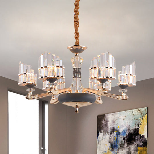 Modernist Gold Crystal Block Pendant Chandelier - 6-Light Ceiling Hang Fixture For Dining Room