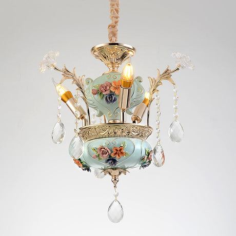 Contemporary Blue Ceramic Candelabra Suspension Lamp With Crystal Accent - 3 Bulb Dining Room