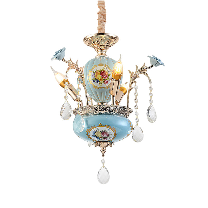 Traditional 2-Layer Blue Ceramic Chandelier - 3-Light Pendant Lamp For Corridor Ceiling