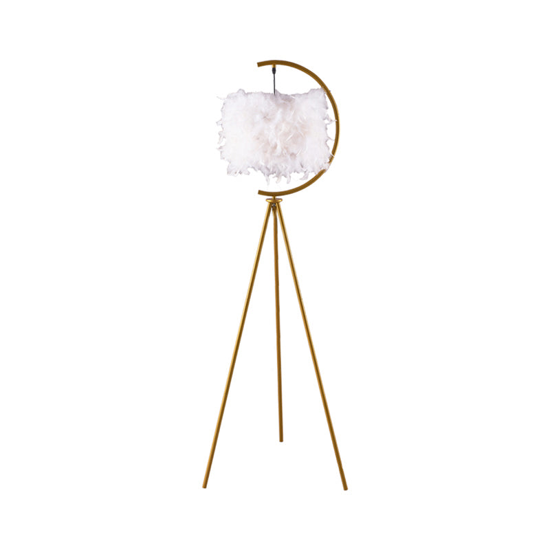 Feather Deco Drum Floor Lamp - Contemporary Tri-Leg Design Black/Gold Perfect For Single Bedrooms