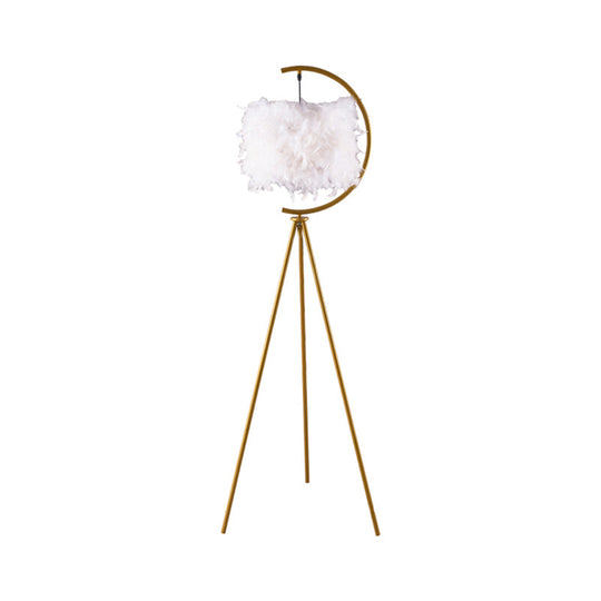 Feather Deco Drum Floor Lamp - Contemporary Tri-Leg Design Black/Gold Perfect For Single Bedrooms