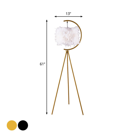Feather Deco Drum Floor Lamp - Contemporary Tri-Leg Design Black/Gold Perfect For Single Bedrooms