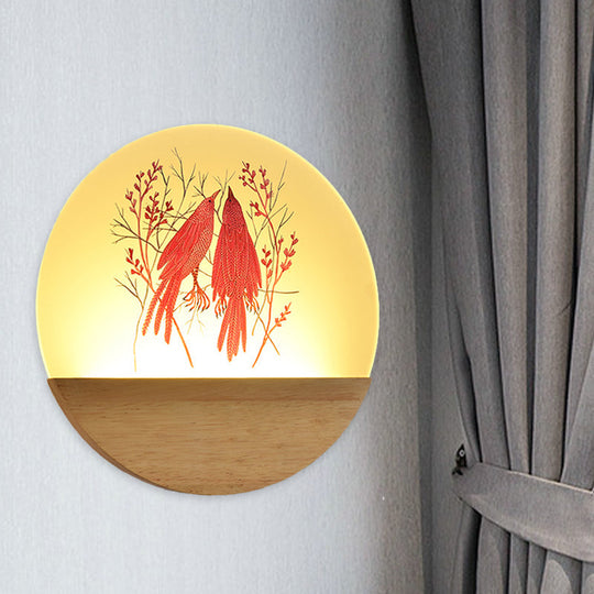 Chinese Style Wood Round Bird And Tree Led Acrylic Wall Light - Ideal Bedside Lighting / B