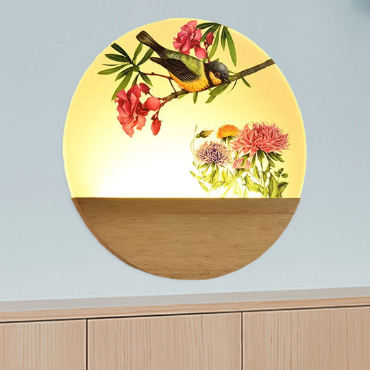 Chinese Style Wood Round Bird And Tree Led Acrylic Wall Light - Ideal Bedside Lighting / A