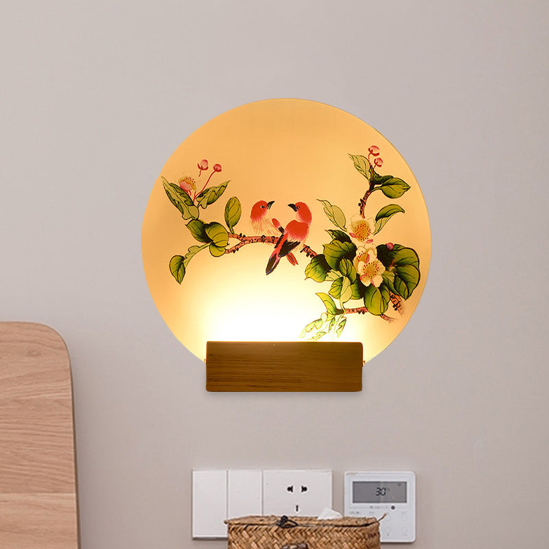 Chinese Led Acrylic Mural Light With Circular Birds And Flowers Wood Wall Mount