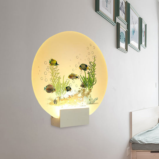 Oriental Led Acrylic Undersea Mural Light With Fish And Plant Design White Circular Wall Lighting
