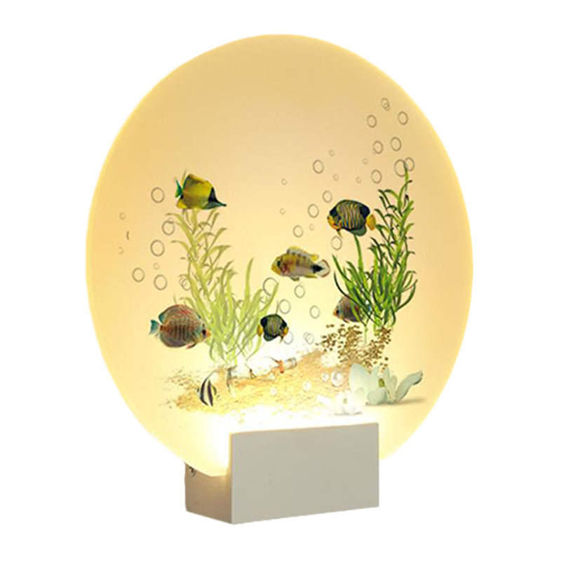 Oriental Led Acrylic Undersea Mural Light With Fish And Plant Design White Circular Wall Lighting
