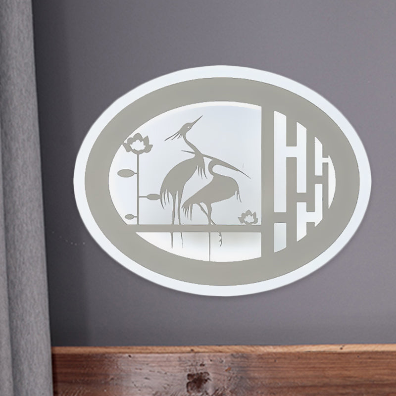 Oval Chinese Style Crane Led Wall Mural Lamp - White