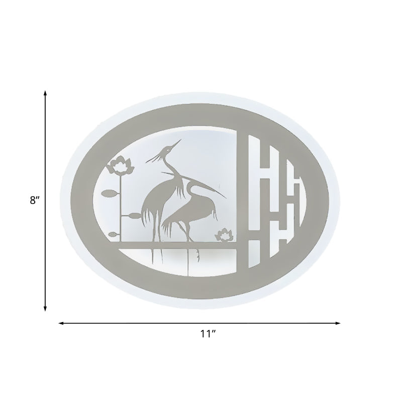 Oval Chinese Style Crane Led Wall Mural Lamp - White