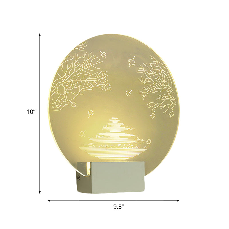 Led Acrylic Oriental Wall Lamp With Rounded Ripple And Tree Mural Design