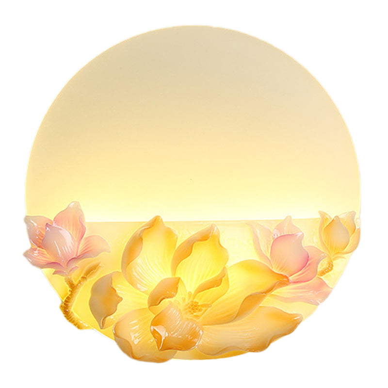 Oriental Style Led Magnolia Wall Light - Pink And White Circular Acrylic Mural