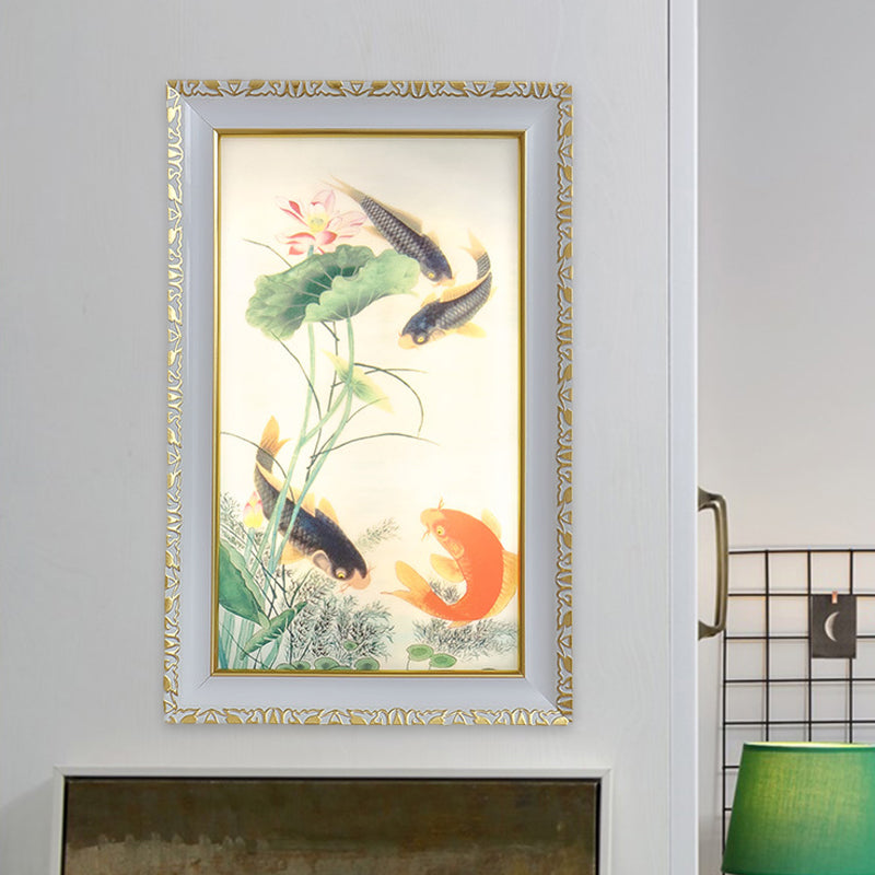 Oriental Led Wall Light With Fish And Lotus Leaf Design - Red Black Acrylic Rectangle Mural
