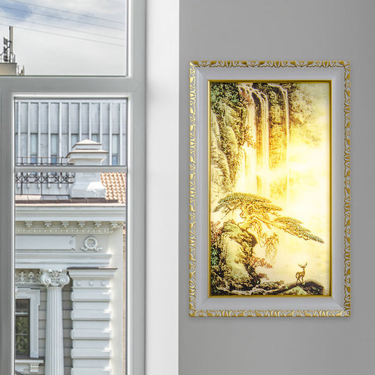 Chinese Acrylic Wall Mural Light - Led Gold Lighting With Pine Tree And Waterfall Pattern