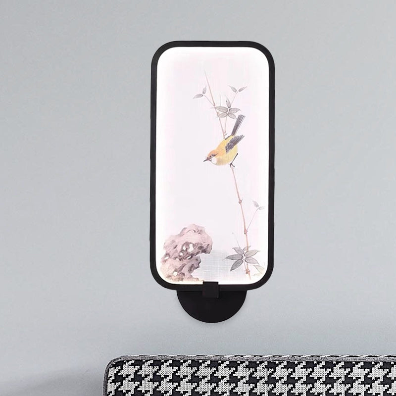 Chinese Style Acrylic Wall Mural Led Lamp: Rectangle Black Wall-Mounted With Bird Pattern / B