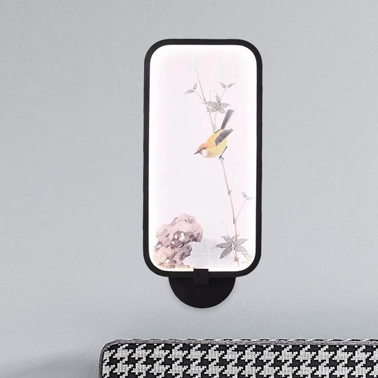 Chinese Style Acrylic Wall Mural Led Lamp: Rectangle Black Wall-Mounted With Bird Pattern / B