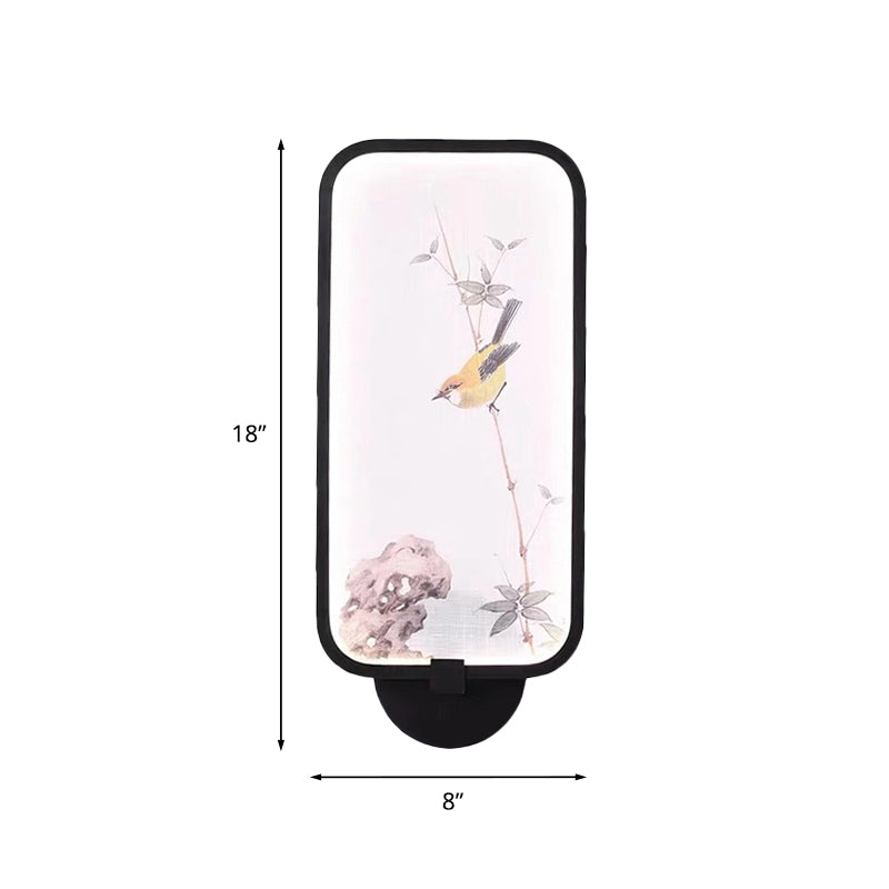 Chinese Style Acrylic Wall Mural Led Lamp: Rectangle Black Wall-Mounted With Bird Pattern