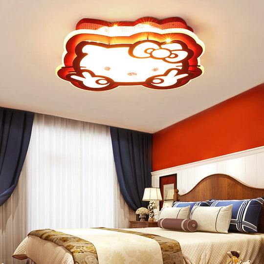 Cartoon Led Ceiling Lamp - Acrylic Peace Sign Kitty Mount Light For Baby Girls Room