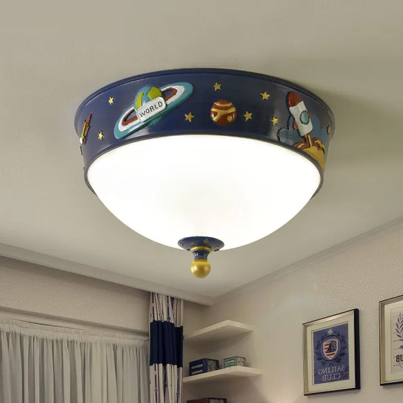 White Glass Bowl Ceiling Light - Cartoon Led Blue Flush Mount With Space Pattern In Warm/White