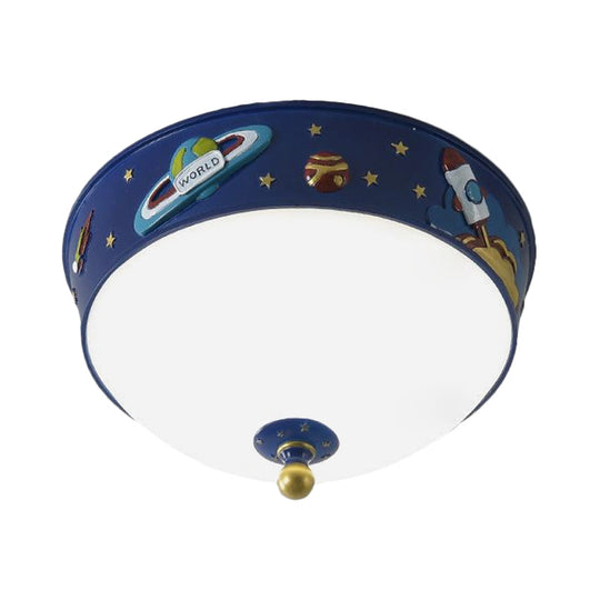 White Glass Bowl Ceiling Light - Cartoon Led Blue Flush Mount With Space Pattern In Warm/White