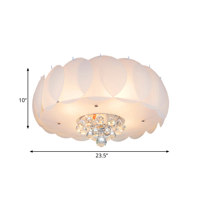 Modern Frosted Glass Flushmount Ceiling Lamp With Crystal Ball - Drum Design White Finish Available