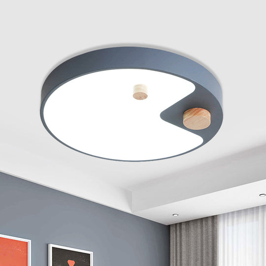 Kids Acrylic Ring Flush Mount Led Ceiling Light With Wood Decor - White/Grey/Blue Bedroom Lighting
