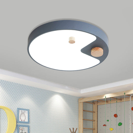 Kids Acrylic Ring Flush Mount Led Ceiling Light With Wood Decor - White/Grey/Blue Bedroom Lighting