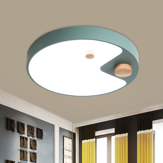Kids Acrylic Ring Flush Mount Led Ceiling Light With Wood Decor - White/Grey/Blue Bedroom Lighting