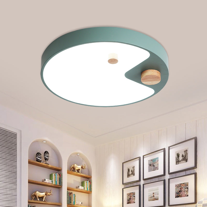 Kids Acrylic Ring Flush Mount Led Ceiling Light With Wood Decor - White/Grey/Blue Bedroom Lighting