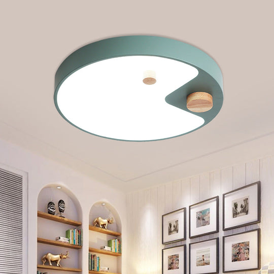 Kids Acrylic Ring Flush Mount Led Ceiling Light With Wood Decor - White/Grey/Blue Bedroom Lighting