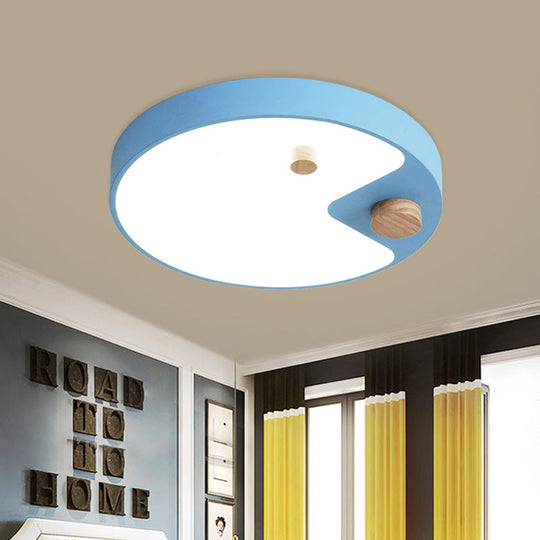 Kids Acrylic Ring Flush Mount Led Ceiling Light With Wood Decor - White/Grey/Blue Bedroom Lighting