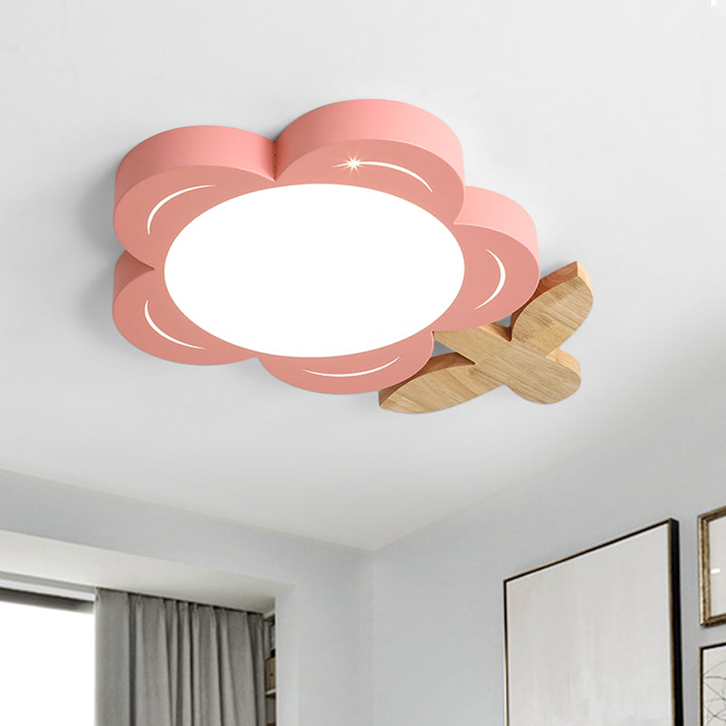 Red Floral Ceiling Led Nursery Light Fixture With Wood Décor - Kids’ Flush Mount Lighting