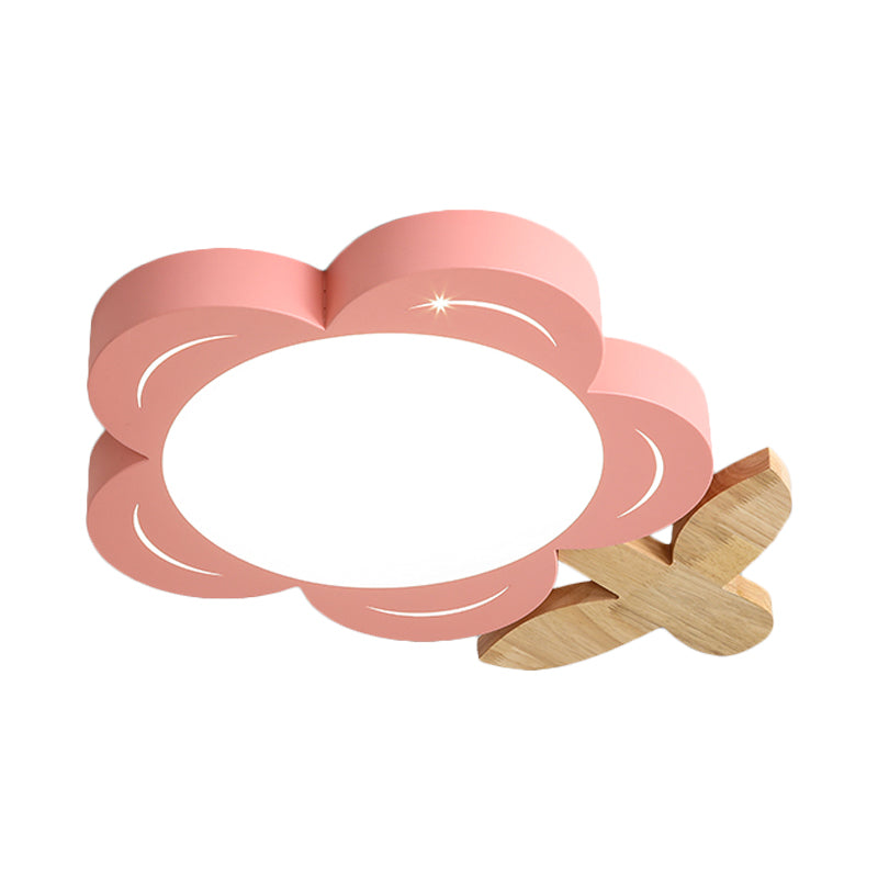 Red Floral Ceiling Led Nursery Light Fixture With Wood Décor - Kids’ Flush Mount Lighting