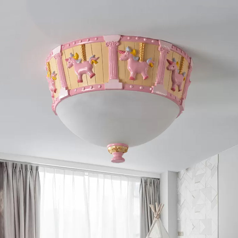 Resin Dome Flush Mount Light - Kids Pink/Green Led Flushmount With Carousel Pattern White/Warm