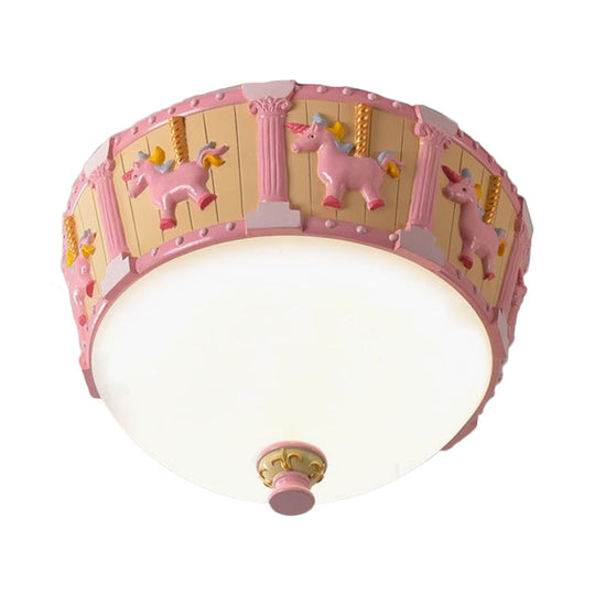Resin Dome Flush Mount Light - Kids Pink/Green Led Flushmount With Carousel Pattern White/Warm
