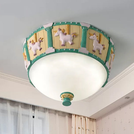 Resin Dome Flush Mount Light - Kids Pink/Green Led Flushmount With Carousel Pattern White/Warm Green