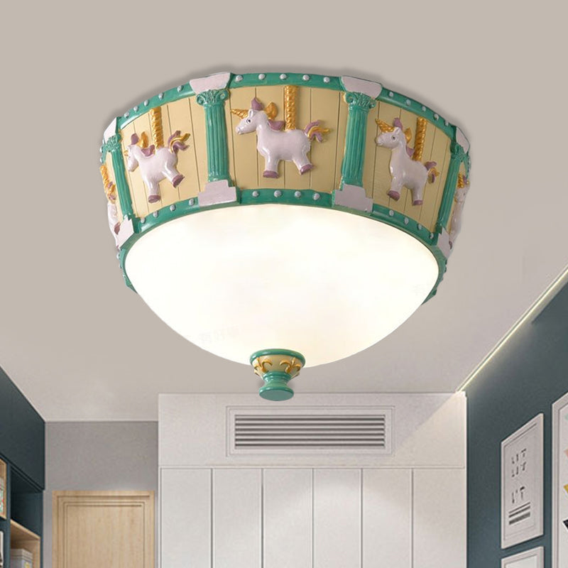 Resin Dome Flush Mount Light - Kids Pink/Green Led Flushmount With Carousel Pattern White/Warm