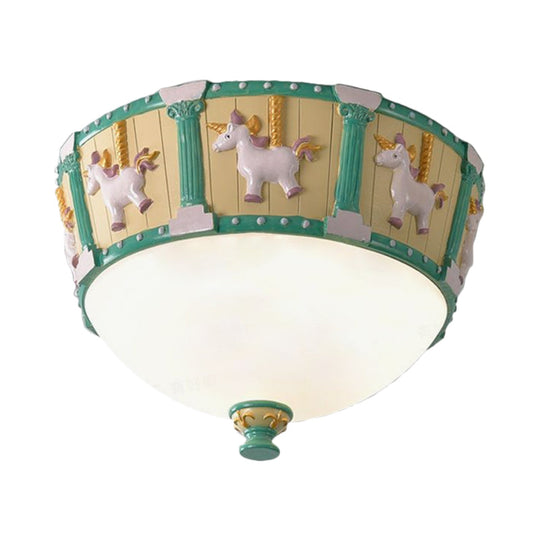 Resin Dome Flush Mount Light - Kids Pink/Green Led Flushmount With Carousel Pattern White/Warm