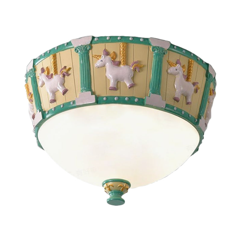 Resin Dome Flush Mount Light - Kids Pink/Green Led Flushmount With Carousel Pattern White/Warm