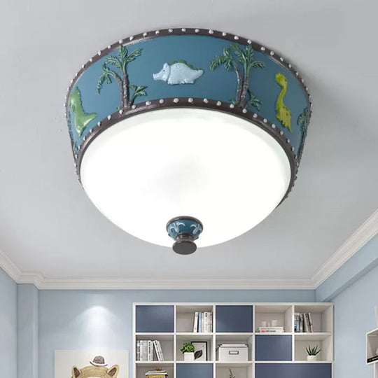 Bowl Opal Glass Ceiling Lamp - Kids Blue/Yellow Led Flush Mount With Dinosaur And Tree Pattern