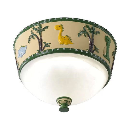 Bowl Opal Glass Ceiling Lamp - Kids Blue/Yellow Led Flush Mount With Dinosaur And Tree Pattern