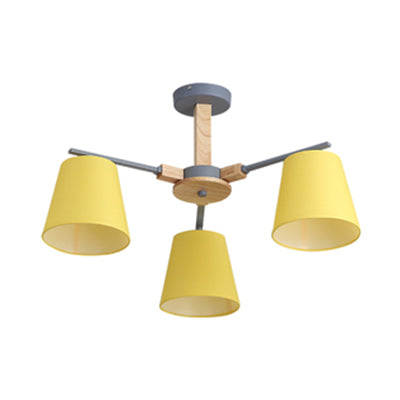 Modern Wood Ceiling Pendant With Tapered Fabric Shade - Available 3/6 Heads For Living Room