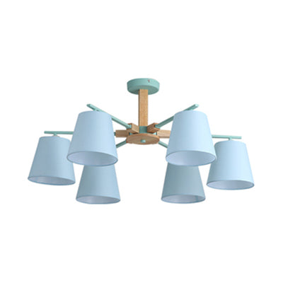 Modern Wood Ceiling Pendant With Tapered Fabric Shade - Available 3/6 Heads For Living Room