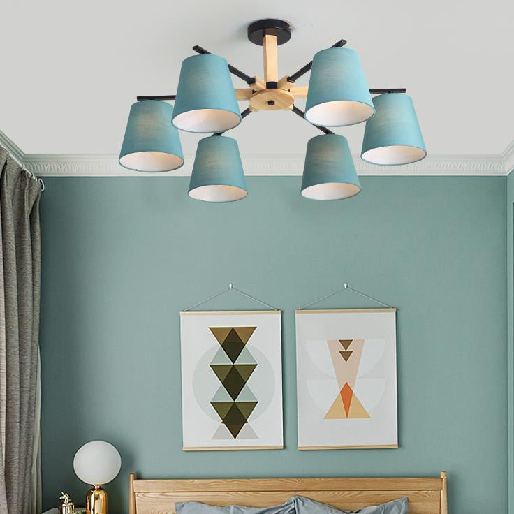 Modern Wood Ceiling Pendant With Tapered Fabric Shade - Available 3/6 Heads For Living Room