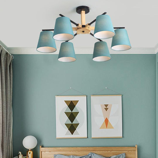 Modern Wood Ceiling Pendant With Tapered Fabric Shade - Available 3/6 Heads For Living Room