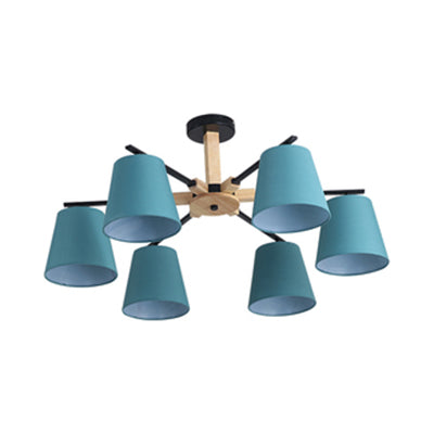 Modern Wood Ceiling Pendant With Tapered Fabric Shade - Available 3/6 Heads For Living Room