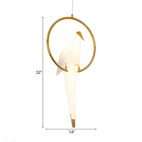 Contemporary White Birdie Led Pendant Light With Metal Ring In Warm/White