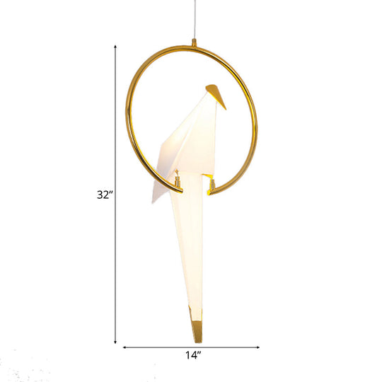 Contemporary White Birdie Led Pendant Light With Metal Ring In Warm/White